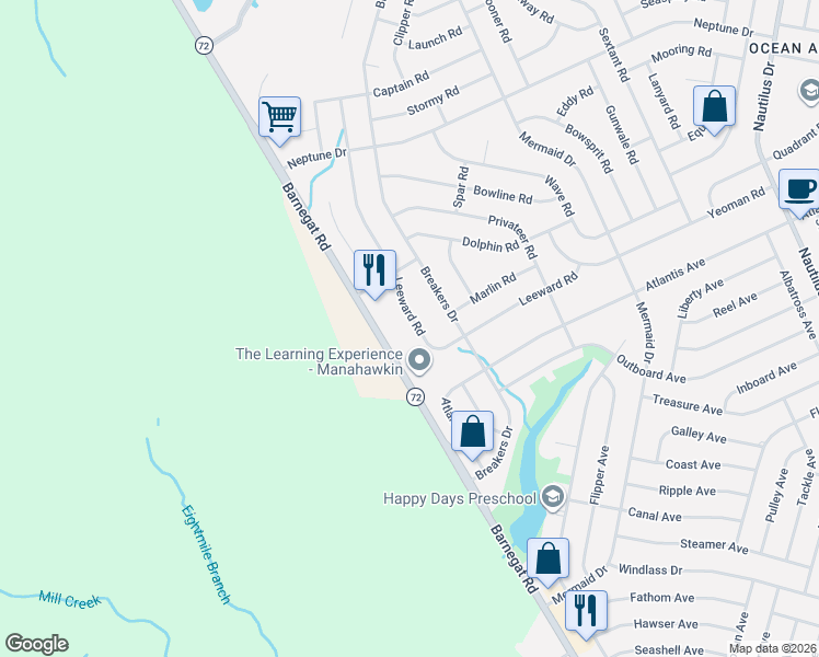 map of restaurants, bars, coffee shops, grocery stores, and more near 233 Leeward Road in Stafford Township
