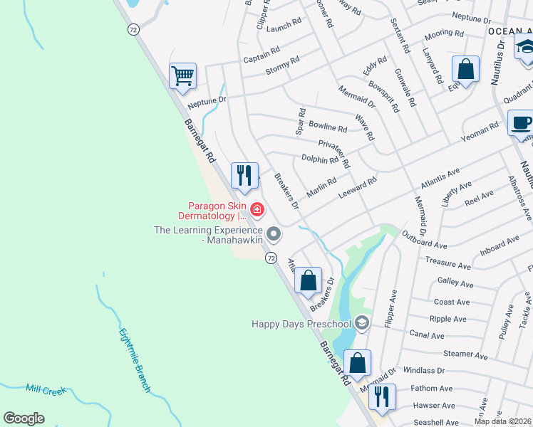 map of restaurants, bars, coffee shops, grocery stores, and more near 233 Leeward Road in Stafford Township