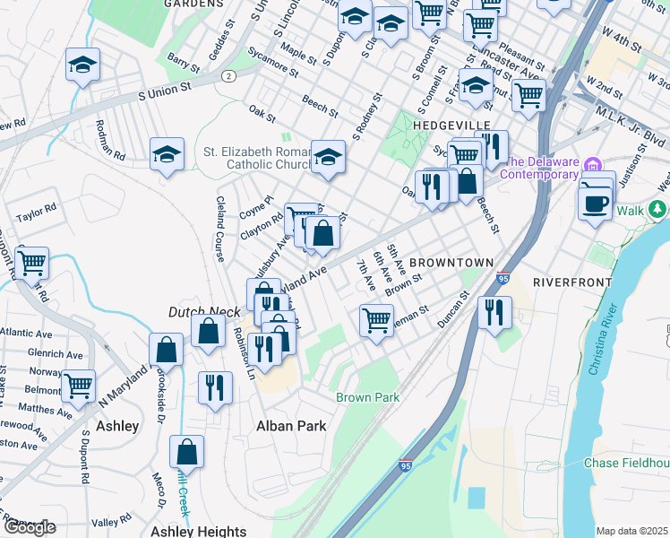 map of restaurants, bars, coffee shops, grocery stores, and more near 1506 Maryland Avenue in Wilmington
