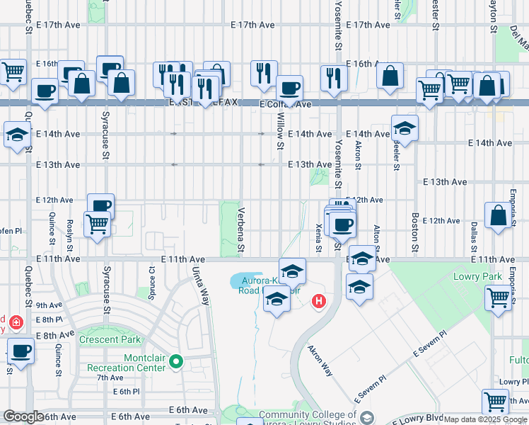 map of restaurants, bars, coffee shops, grocery stores, and more near 1174 Wabash Street in Denver