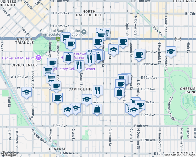 map of restaurants, bars, coffee shops, grocery stores, and more near in Denver