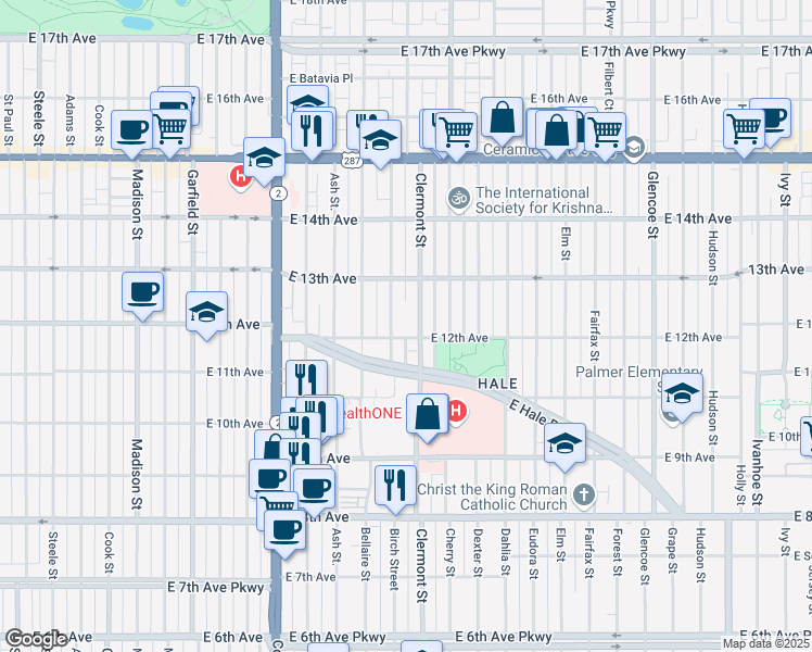 map of restaurants, bars, coffee shops, grocery stores, and more near 4455 East 12th Avenue in Denver