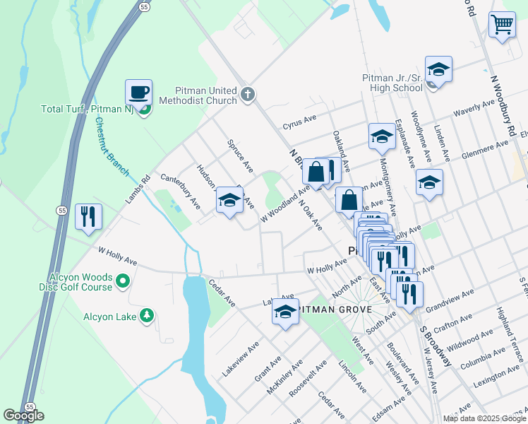 map of restaurants, bars, coffee shops, grocery stores, and more near 401 Elm Ave in Pitman