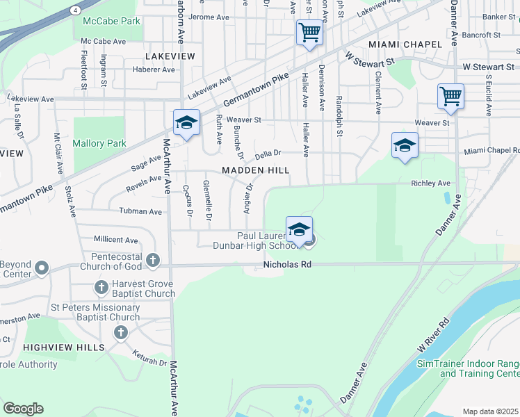 map of restaurants, bars, coffee shops, grocery stores, and more near 1221 Albritton Drive in Dayton