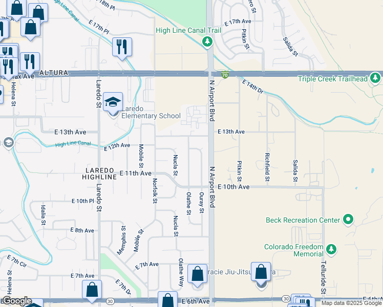 map of restaurants, bars, coffee shops, grocery stores, and more near 1236 Olathe Street in Aurora
