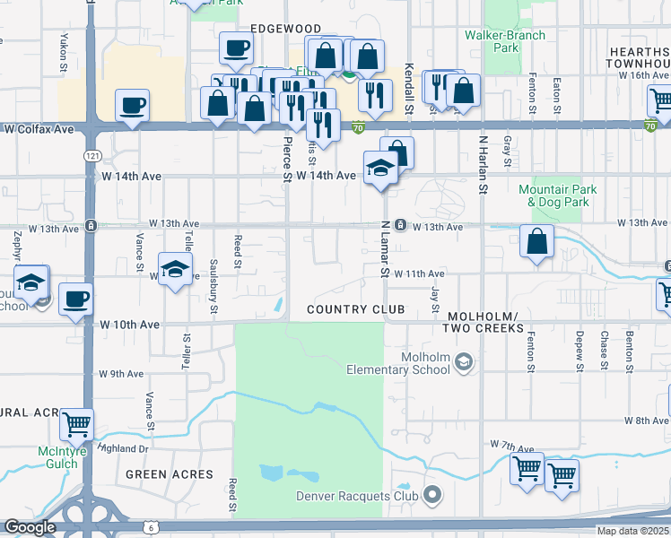 map of restaurants, bars, coffee shops, grocery stores, and more near 6600 West 12th Place in Lakewood