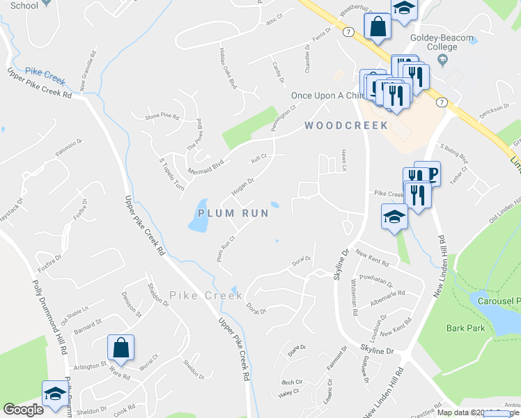 map of restaurants, bars, coffee shops, grocery stores, and more near 4810 Plum Run Court in Wilmington