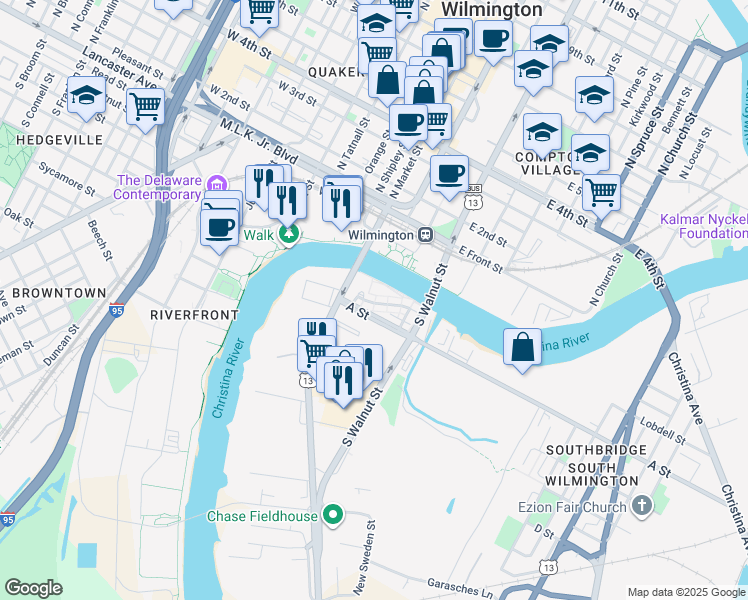 map of restaurants, bars, coffee shops, grocery stores, and more near 147 Christina Landing Drive in Wilmington