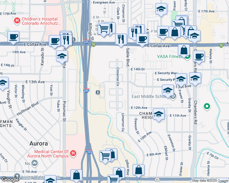 map of restaurants, bars, coffee shops, grocery stores, and more near 14470 East 13th Avenue in Aurora
