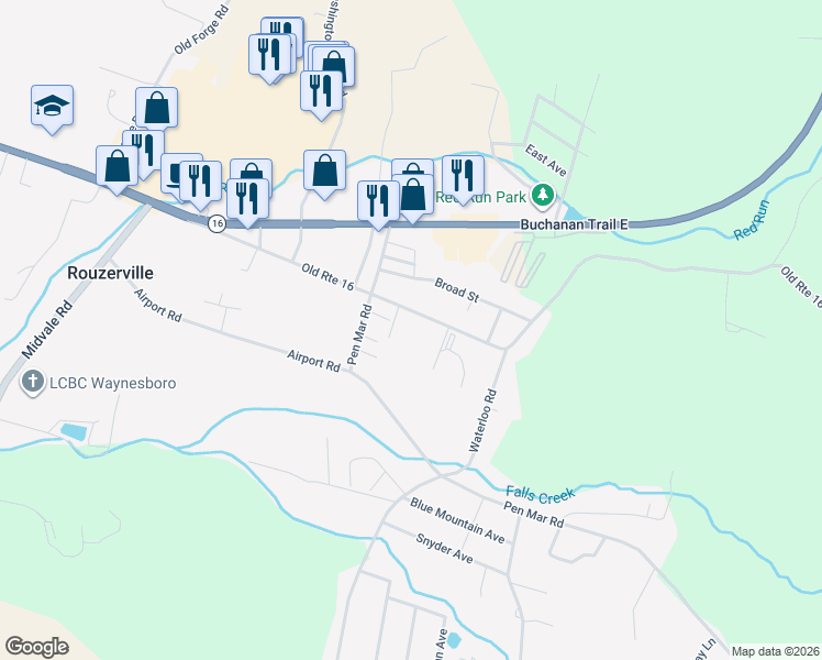 map of restaurants, bars, coffee shops, grocery stores, and more near in Rouzerville
