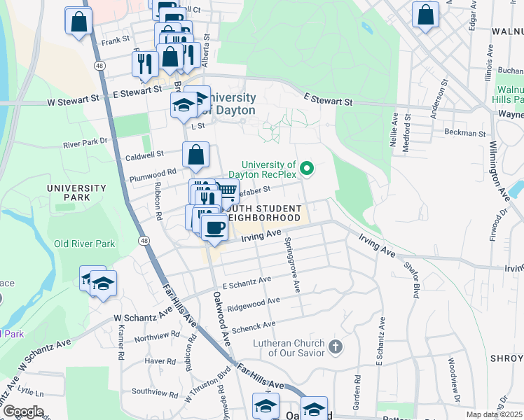 map of restaurants, bars, coffee shops, grocery stores, and more near 120 Lawnview Avenue in Dayton