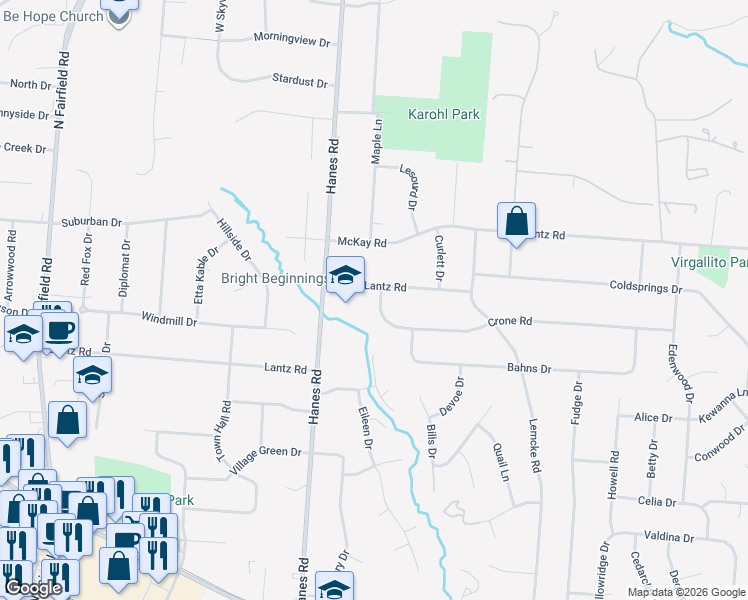 map of restaurants, bars, coffee shops, grocery stores, and more near 2945 Lantz Road in Beavercreek