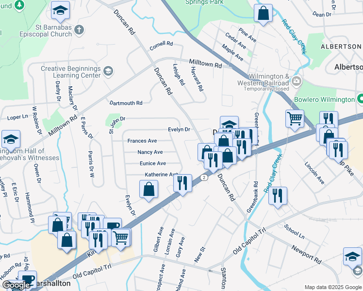 map of restaurants, bars, coffee shops, grocery stores, and more near 3712 Wild Cherry Lane in Wilmington