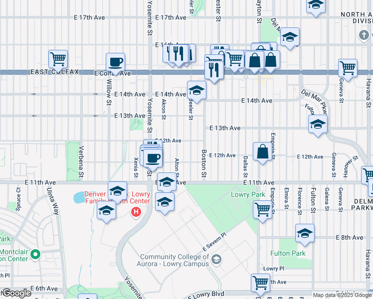 map of restaurants, bars, coffee shops, grocery stores, and more near 1179 Beeler Street in Aurora