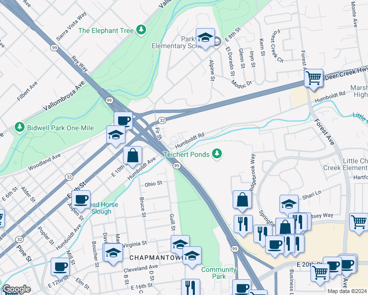 map of restaurants, bars, coffee shops, grocery stores, and more near 1469 Humboldt Road in Chico