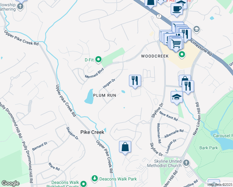 map of restaurants, bars, coffee shops, grocery stores, and more near 4810 Plum Run Court in Wilmington
