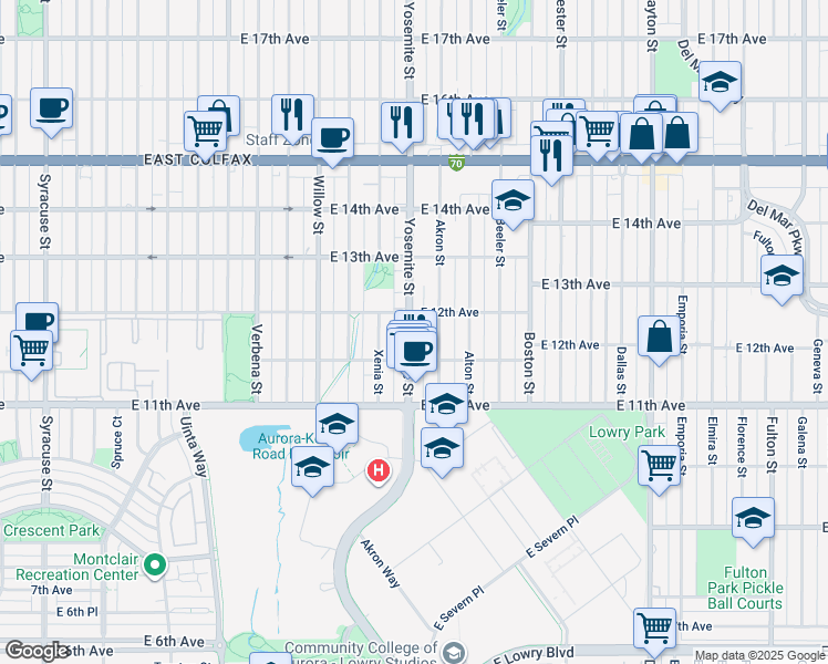 map of restaurants, bars, coffee shops, grocery stores, and more near 1166 Yosemite Street in Denver