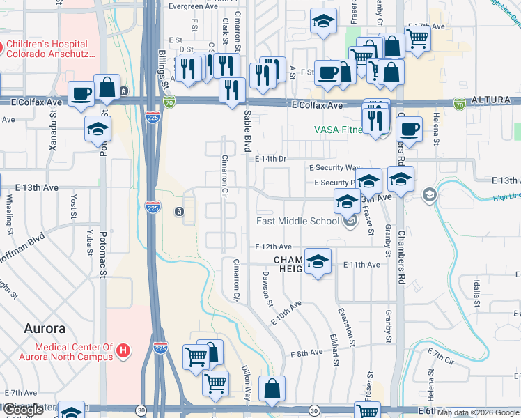 map of restaurants, bars, coffee shops, grocery stores, and more near 14520 East 13th Avenue in Aurora