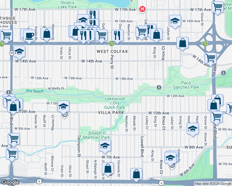 map of restaurants, bars, coffee shops, grocery stores, and more near 1200 Perry Street in Denver
