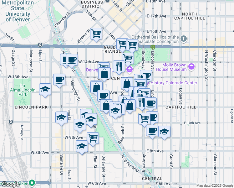 map of restaurants, bars, coffee shops, grocery stores, and more near in Denver