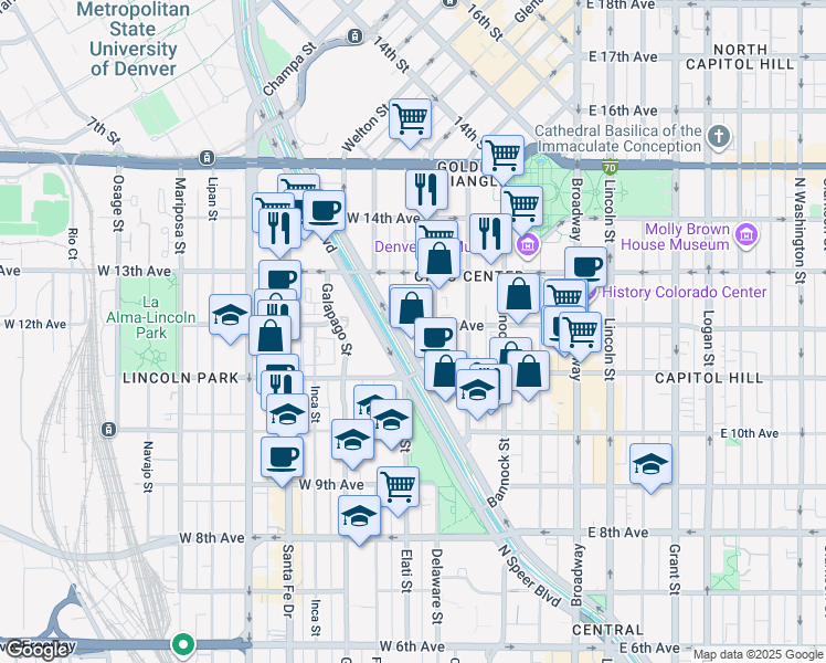 map of restaurants, bars, coffee shops, grocery stores, and more near 420 West 12th Avenue in Denver