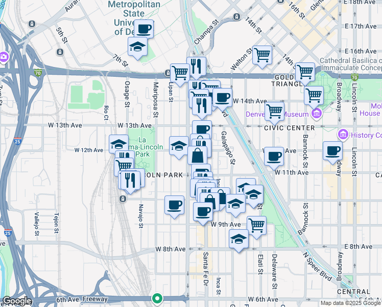 map of restaurants, bars, coffee shops, grocery stores, and more near 1164 Kalamath Street in Denver