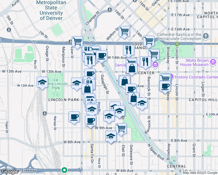 map of restaurants, bars, coffee shops, grocery stores, and more near 1170 Galapago Street in Denver