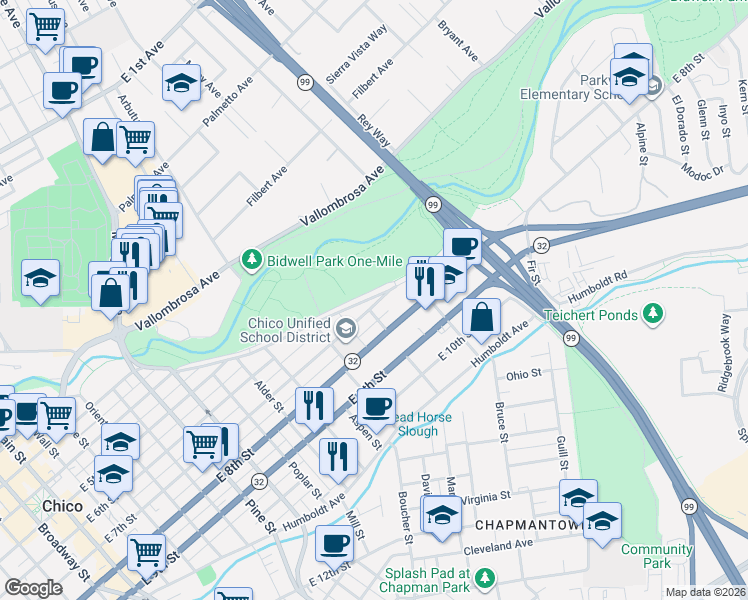 map of restaurants, bars, coffee shops, grocery stores, and more near 1265 East 7th Street in Chico