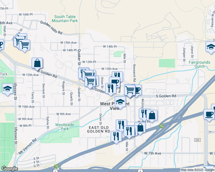 map of restaurants, bars, coffee shops, grocery stores, and more near 16038 West 11th Avenue in Golden