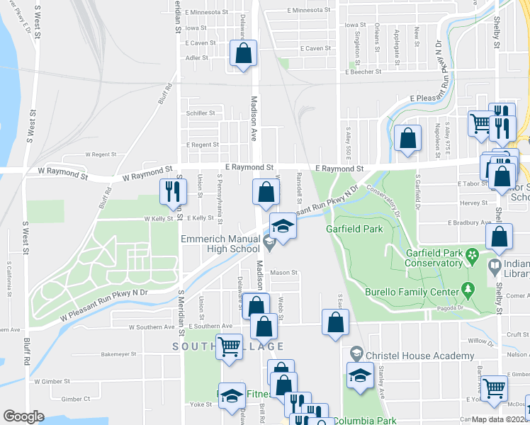 map of restaurants, bars, coffee shops, grocery stores, and more near 2249 Madison Avenue in Indianapolis