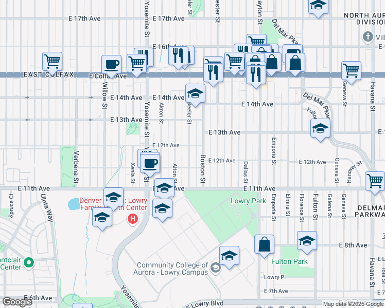 map of restaurants, bars, coffee shops, grocery stores, and more near 1176 Beeler Street in Aurora