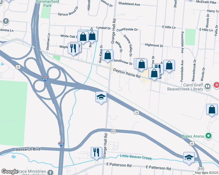 map of restaurants, bars, coffee shops, grocery stores, and more near 2 Grange Hall Road in Beavercreek