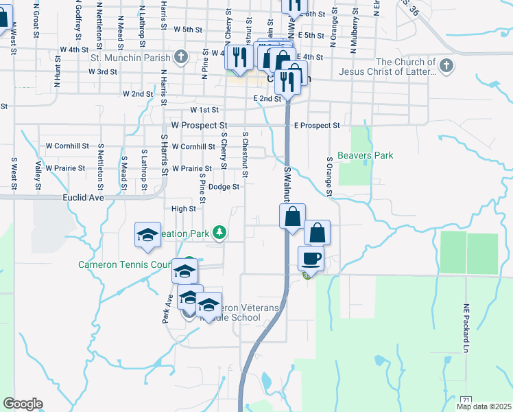 map of restaurants, bars, coffee shops, grocery stores, and more near 115 East Ford Street in Cameron