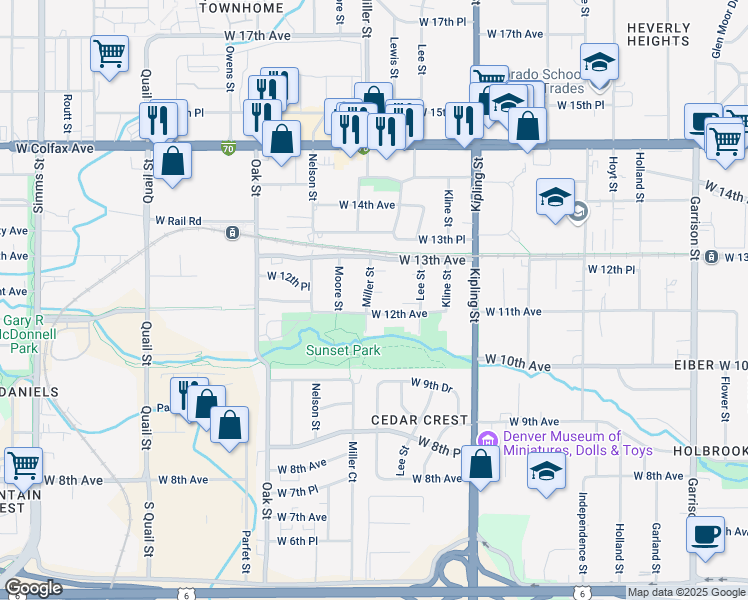 map of restaurants, bars, coffee shops, grocery stores, and more near 10382 West 12th Place in Lakewood