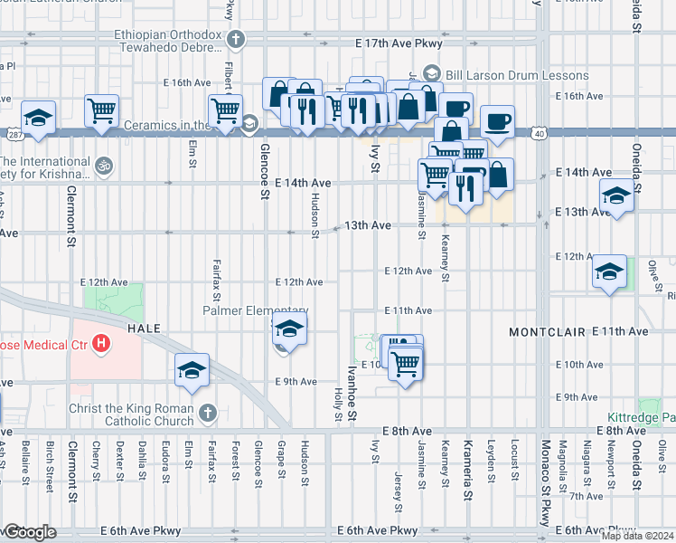 map of restaurants, bars, coffee shops, grocery stores, and more near East 12th Avenue in Denver