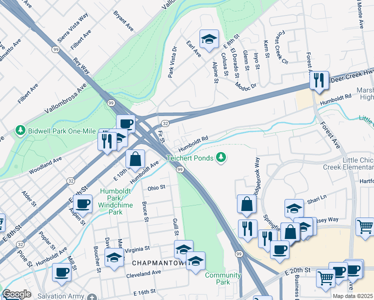 map of restaurants, bars, coffee shops, grocery stores, and more near 1469 Humboldt Road in Chico