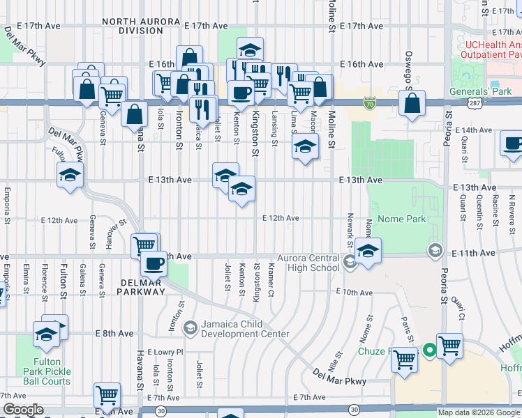 map of restaurants, bars, coffee shops, grocery stores, and more near 1201 Kingston Street in Aurora