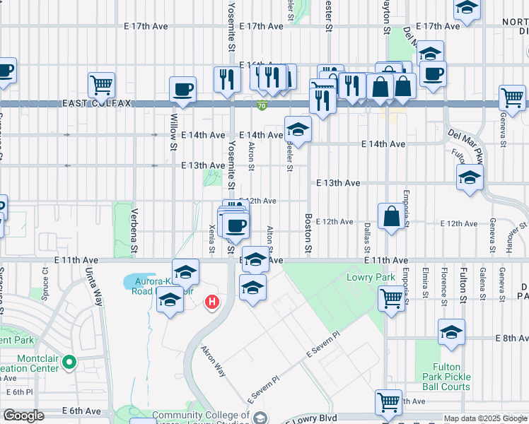 map of restaurants, bars, coffee shops, grocery stores, and more near 1170 Akron Street in Aurora