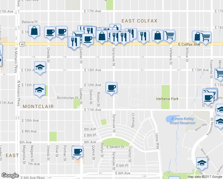map of restaurants, bars, coffee shops, grocery stores, and more near 1174 Rosemary Street in Denver