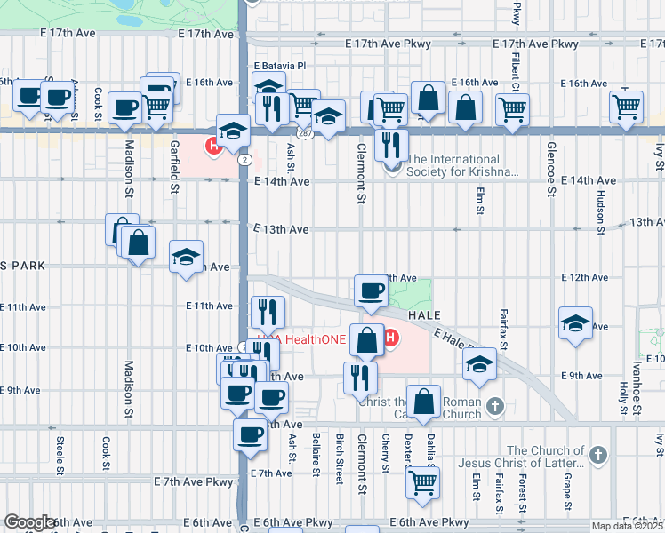 map of restaurants, bars, coffee shops, grocery stores, and more near 1210 Bellaire Street in Denver