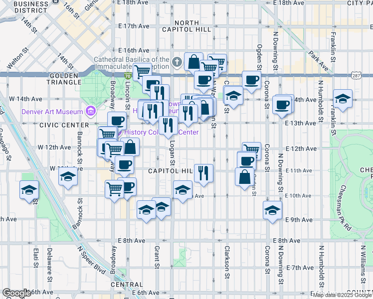 map of restaurants, bars, coffee shops, grocery stores, and more near in Denver