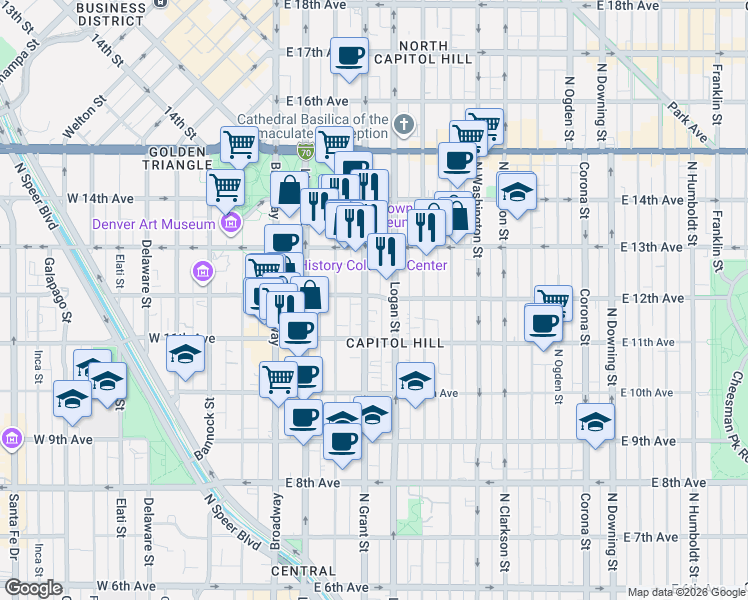 map of restaurants, bars, coffee shops, grocery stores, and more near 1196 Grant Street in Denver