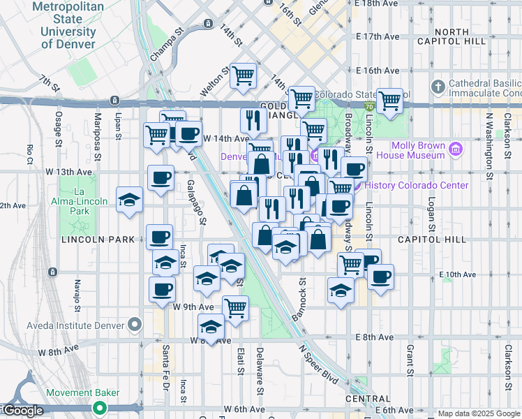 map of restaurants, bars, coffee shops, grocery stores, and more near 1164 Delaware Street in Denver