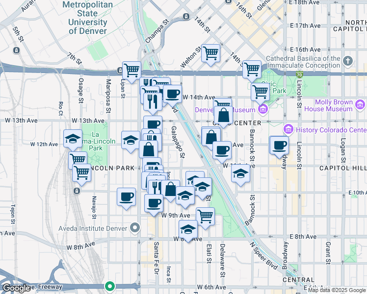 map of restaurants, bars, coffee shops, grocery stores, and more near 61 Galapago Street in Denver