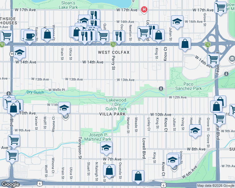 map of restaurants, bars, coffee shops, grocery stores, and more near 1200 Perry Street in Denver
