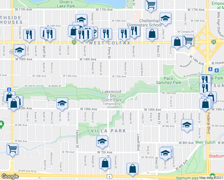 map of restaurants, bars, coffee shops, grocery stores, and more near 1200 Perry Street in Denver