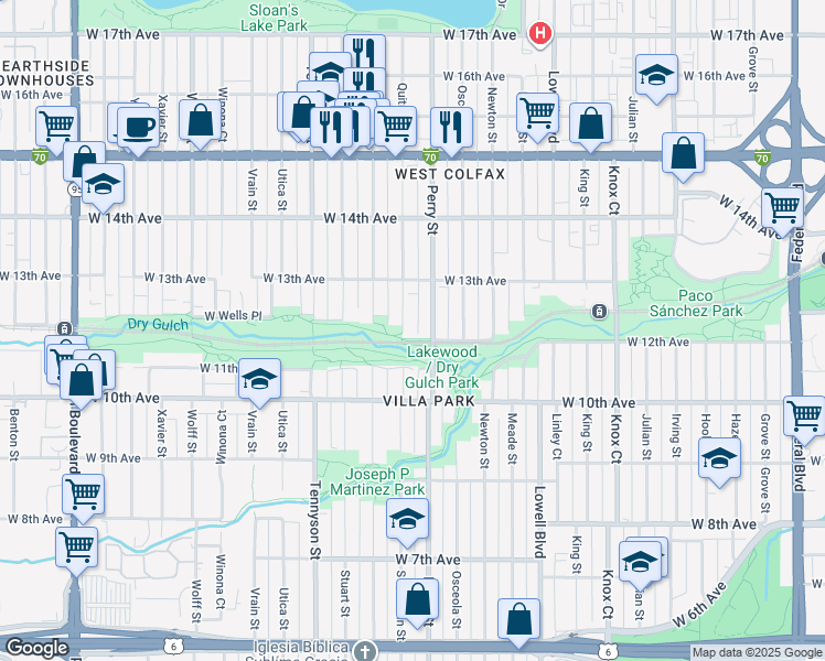 map of restaurants, bars, coffee shops, grocery stores, and more near in Denver