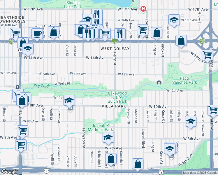 map of restaurants, bars, coffee shops, grocery stores, and more near in Denver