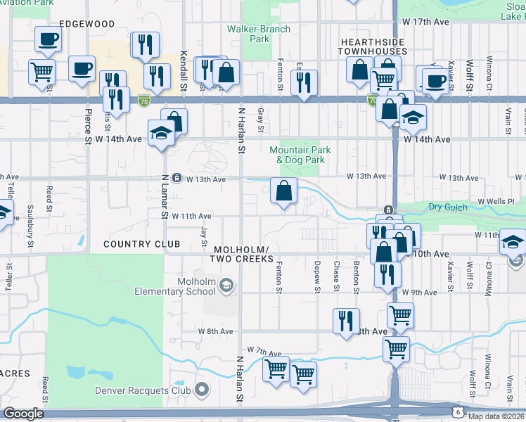 map of restaurants, bars, coffee shops, grocery stores, and more near 5895 West 11th Avenue in Denver