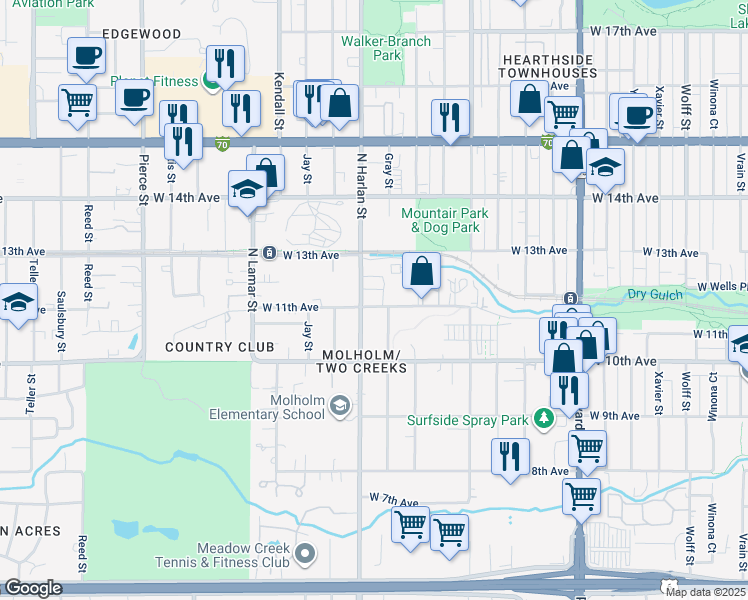 map of restaurants, bars, coffee shops, grocery stores, and more near 5895 West 11th Avenue in Denver